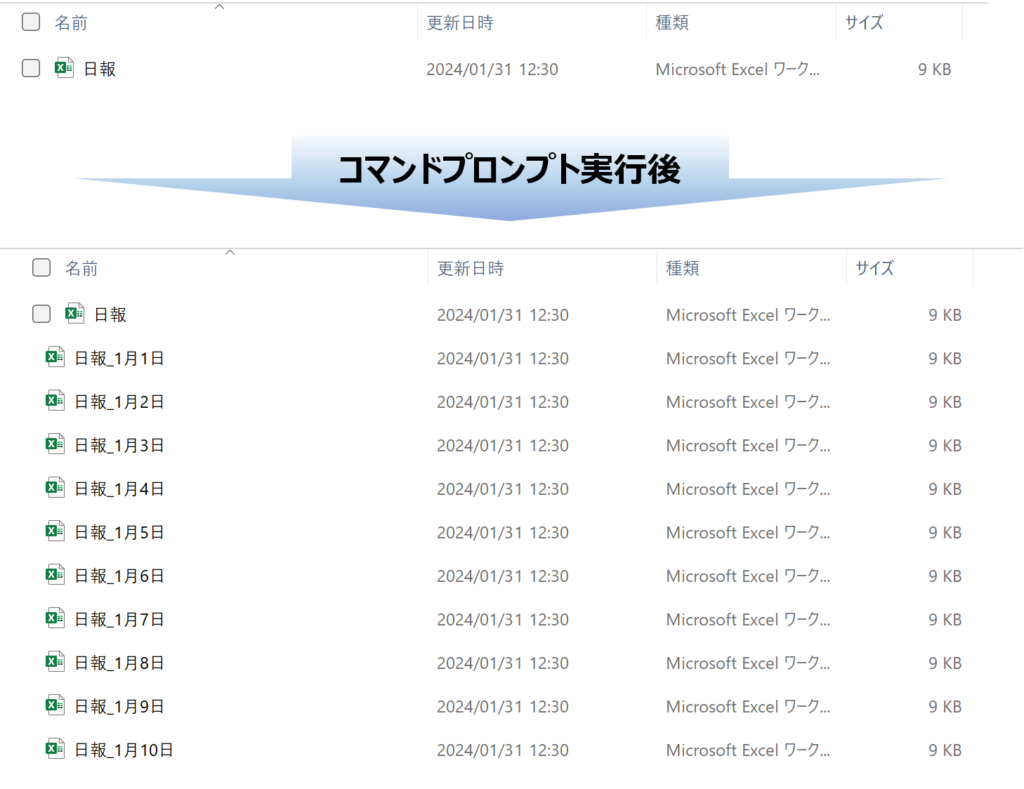 コマンドプロンプトで実行した後のエクセルファイルコピー結果