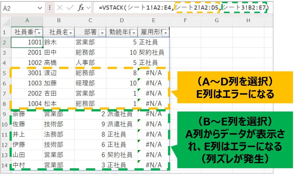 VSTACK関数で参照列がずれたことによりエラーが発生した画像
