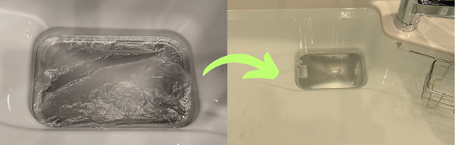 浅型排水溝にビニール袋をかぶせ、お湯を溜めている写真