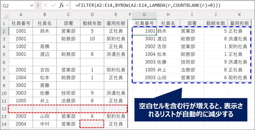 空白セルを増やし、表示されるリストが自動更新されていることを確認している画像