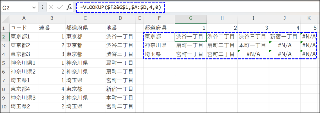 VLOOKUP関数で連番をキーにして横並びにする