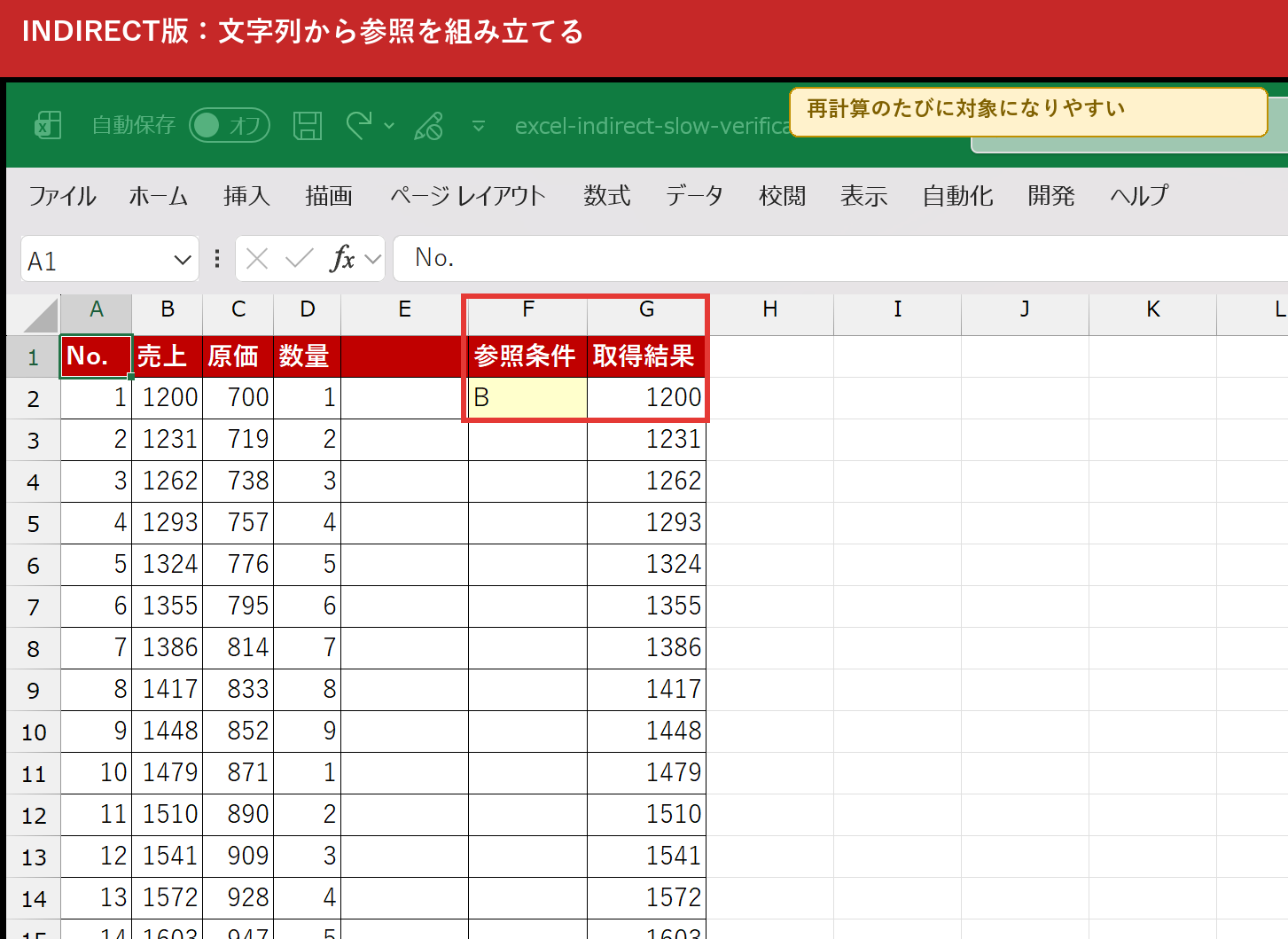 INDIRECT関数を1000行へ入力したExcel検証画面
