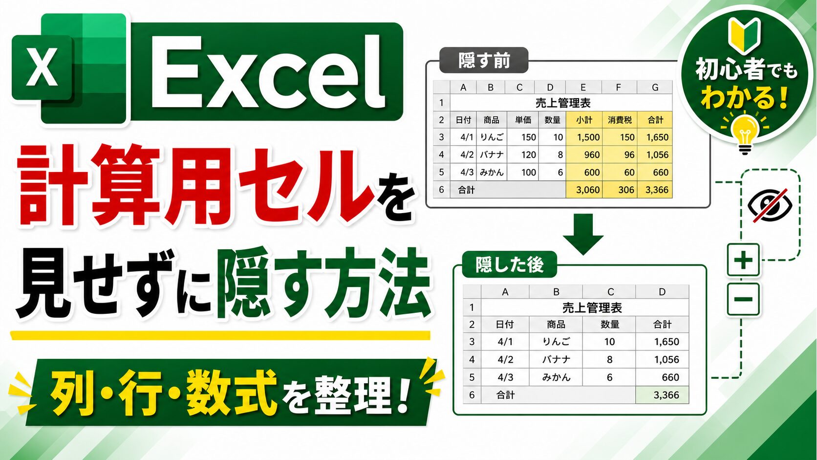 Excelで計算用セルを隠す方法のアイキャッチ画像