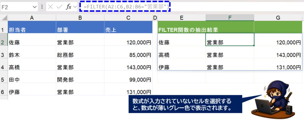 動的関数の入力セル以外はグレーで表示されることを説明している画面