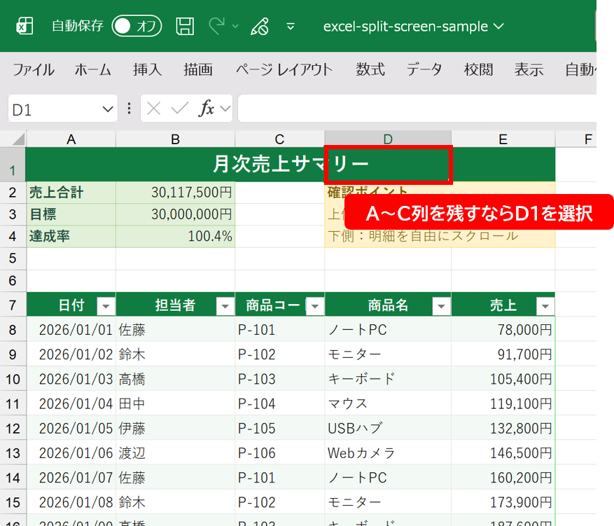 A~C列を左側に残すためD1セルを選択したExcel画面