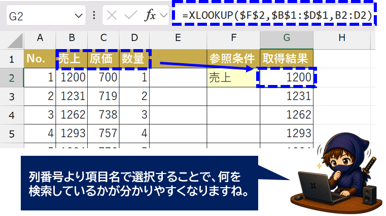 XLOOKUPでデータを取得している画面