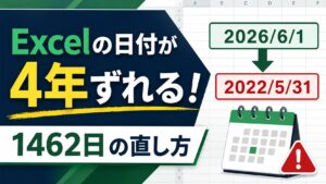 Excelで日付が4年ずれた状態と1462日の直し方を示すアイキャッチ