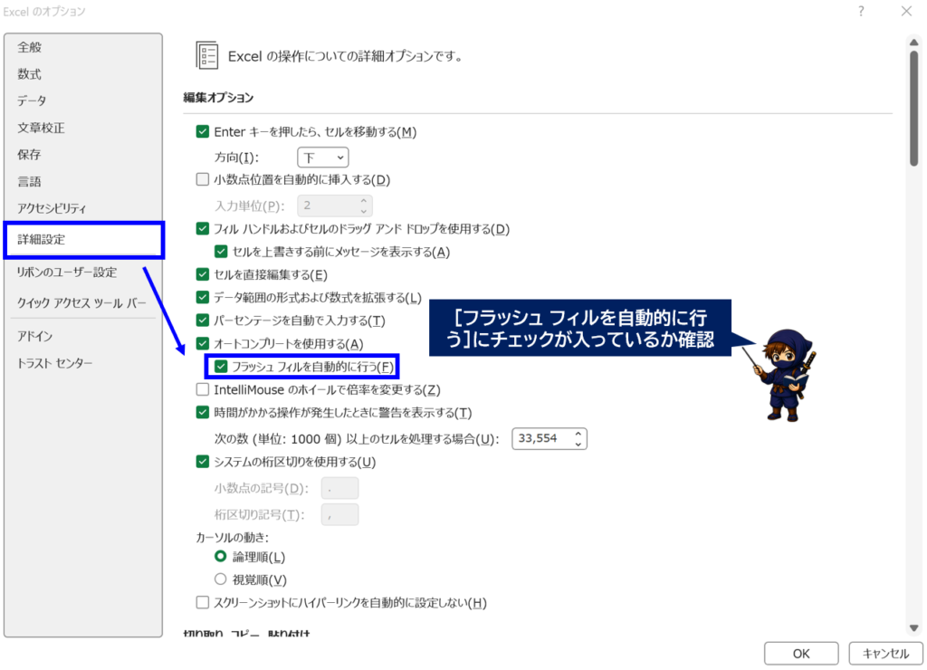 フラッシュフィルを自動的に行うにチェックを入れている画像