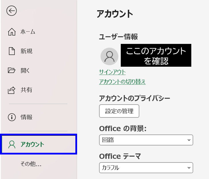 Excelアカウント確認画面