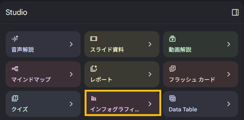 NotebookLM(Gemini Notebook)のインフォグラフィックボタン