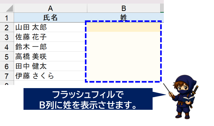 フラッシュフィル説明用のサンプル表