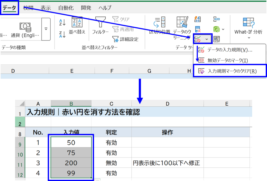 入力違反の赤い円を消した画面