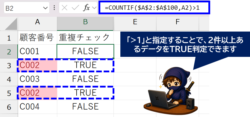 COUNTIFで重複データを判別