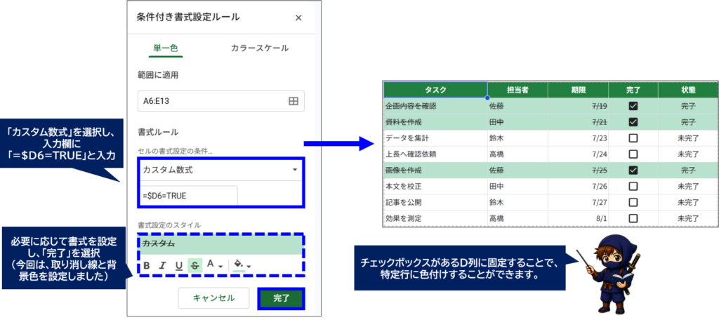 Googleスプレッドシート カスタム数式と書式を選択し、条件付き書式を反映