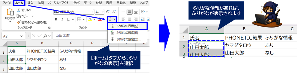 Excelのホームタブにあるふりがなの表示、編集、設定のメニュー