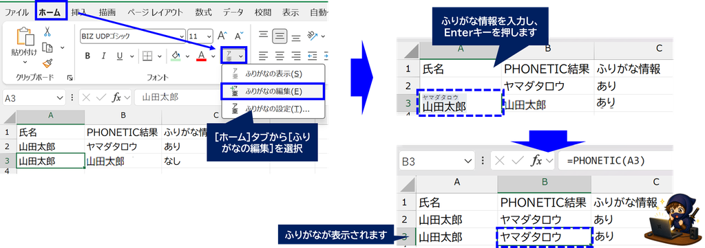 ExcelのA3セルでふりがなの編集を開いた状態