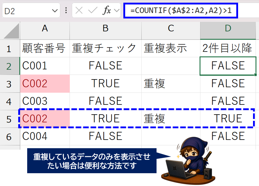 COUNTIFで2件目以降の重複だけ判別