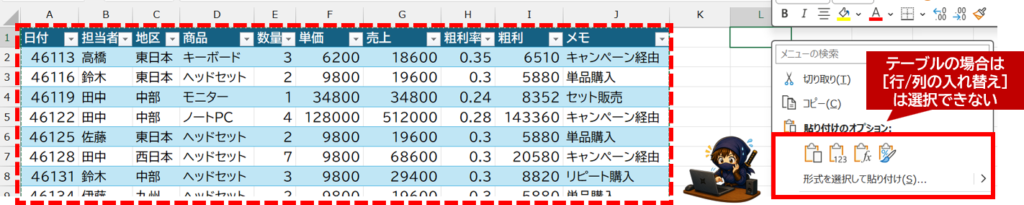 テーブルでは行/列の入れ替えはできない