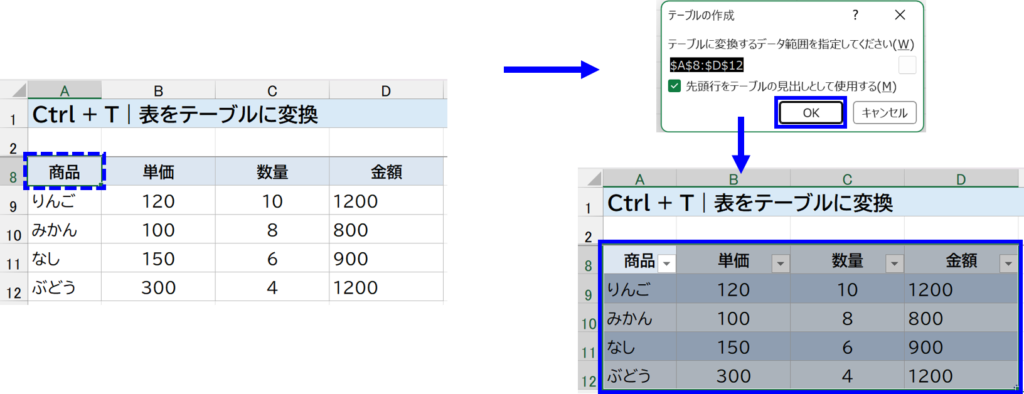 Ctrl + T|一覧をExcelのテーブルに変換 説明画面