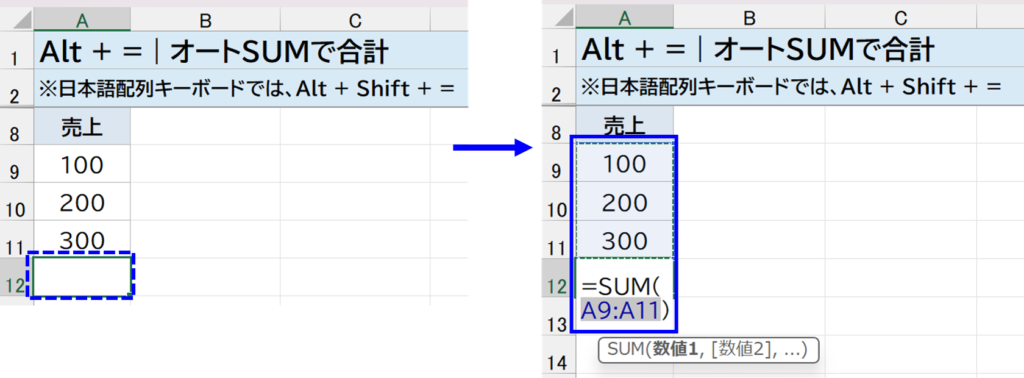Alt + =|合計を素早く入力(オートSUM) 説明画面