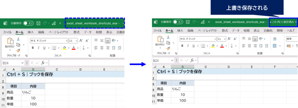 Ctrl + S｜今のブックを保存する　説明画面