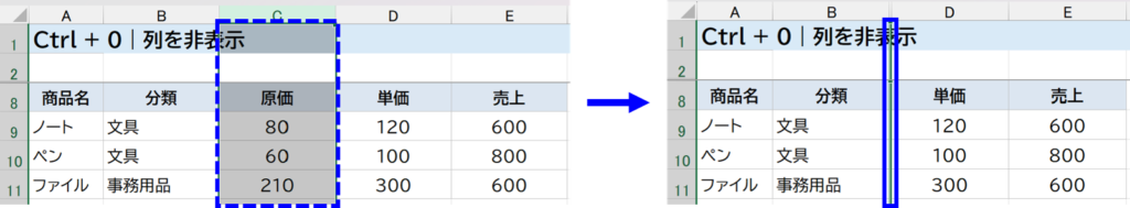 Ctrl + 0|列を非表示にする 説明画面