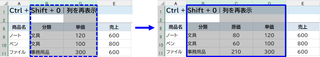 Ctrl + Shift + 0|列を再表示する 説明画面